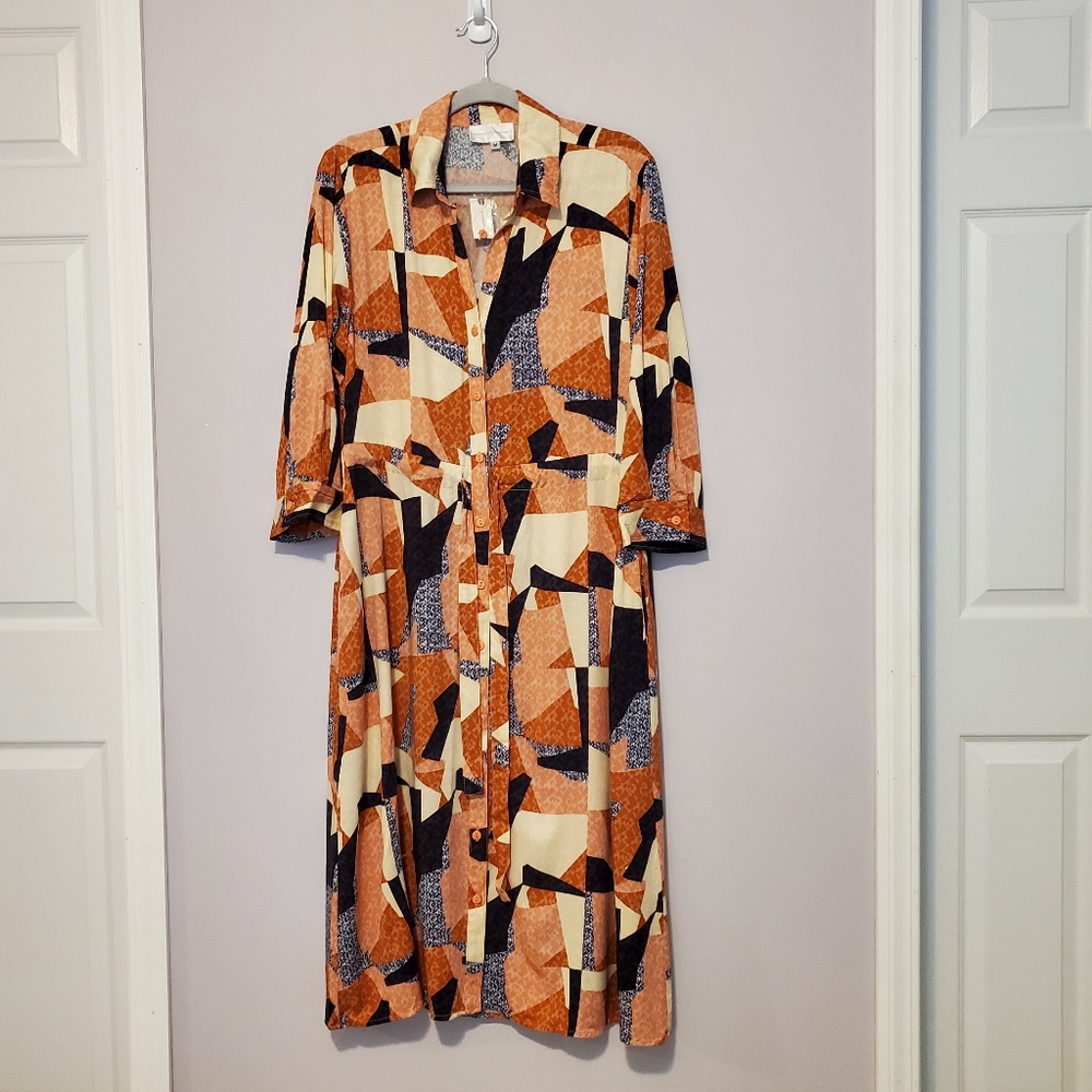 Anthropologie Geometric Midi Dress - Rust, Navy, Beige